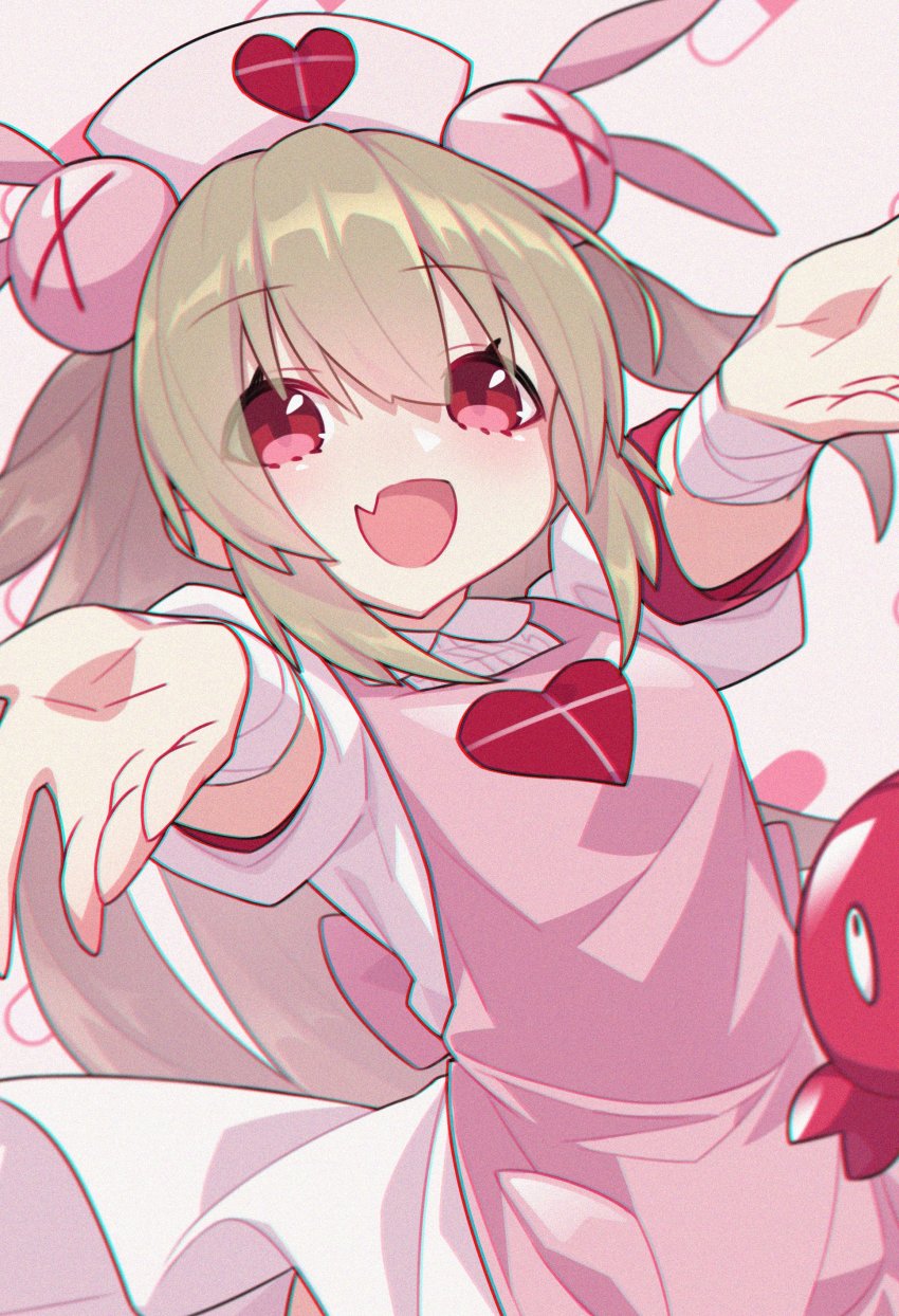 1girl absurdres animal bandaged_arm bandages blush brown_hair chromatic_aberration eyes_visible_through_hair fang film_grain hair_between_eyes hair_ornament hat heart highres long_hair natori_sana natori_sana_(nurse) nurse nurse_cap open_mouth pill pill_background pink_theme puffy_sleeves rabbit_hair_ornament red_eyes sana_channel smile tewo_(tewowet) virtual_youtuber