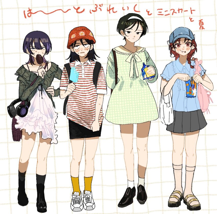 4girls :t :| alternate_costume alternate_hairstyle bag baseball_cap black_boots black_eyes black_hair black_skirt blue_hair blue_hat blue_shirt blush boots brown_eyes brown_hair casual closed_mouth collared_dress collared_shirt commentary_request crumbs dress dress_shirt eating embarrassed flapper_shirt food food_on_face frilled_dress frills fujii_ayame full_body futsuu_no_keion-bu green_dress grey_skirt group_name hairband hat hatono_chihiro headphones headphones_removed heartbreak_(futsuu_no_keion-bu) highres holding holding_food holding_ice_cream ice_cream kouyama_rin lineup long_hair long_sleeves miniskirt multiple_girls neck_ribbon nervous pleated_skirt purple_hair qrioic74 red_hat ribbon sandals sanpaku shirt shoes short_sleeves shoulder_bag side-by-side skirt snack sneakers socks standing striped_clothes striped_shirt summer sweat uchida_momo white_dress white_hairband white_shoes white_socks wolf_cut