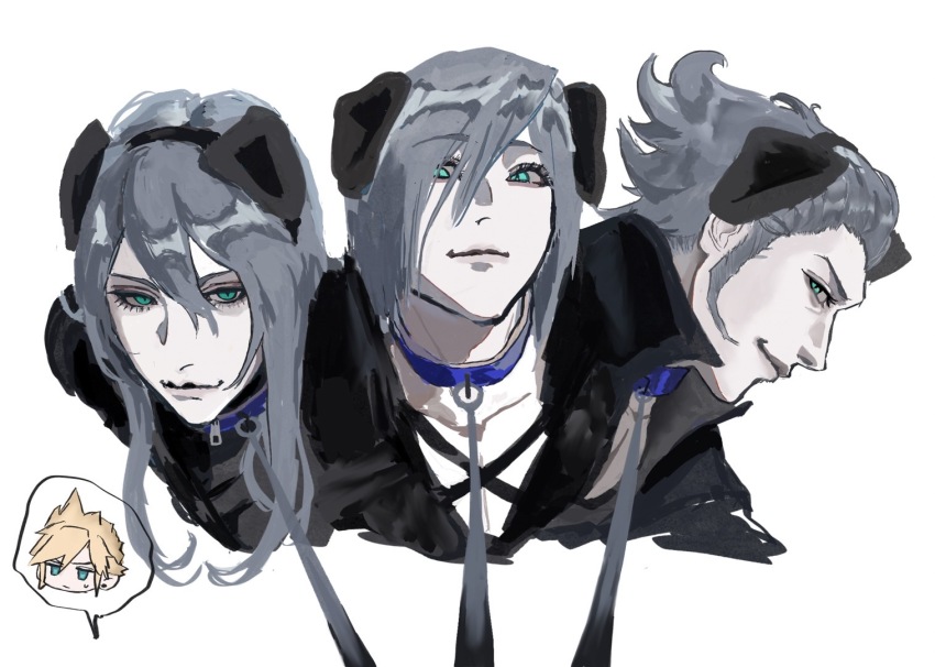 4boys animal_collar animal_ears black_bodysuit blonde_hair bodysuit chest_strap cloud_strife collar commentary_request cropped_torso earrings expressionless fake_animal_ears final_fantasy final_fantasy_vii final_fantasy_vii_advent_children green_eyes grey_hair hair_between_eyes hair_over_one_eye hair_slicked_back jewelry kadaj leash light_smile lol_tm1 long_hair loz male_focus multiple_boys pet_play short_hair slit_pupils stud_earrings sweatdrop upper_body very_short_hair viewer_holding_leash yazoo