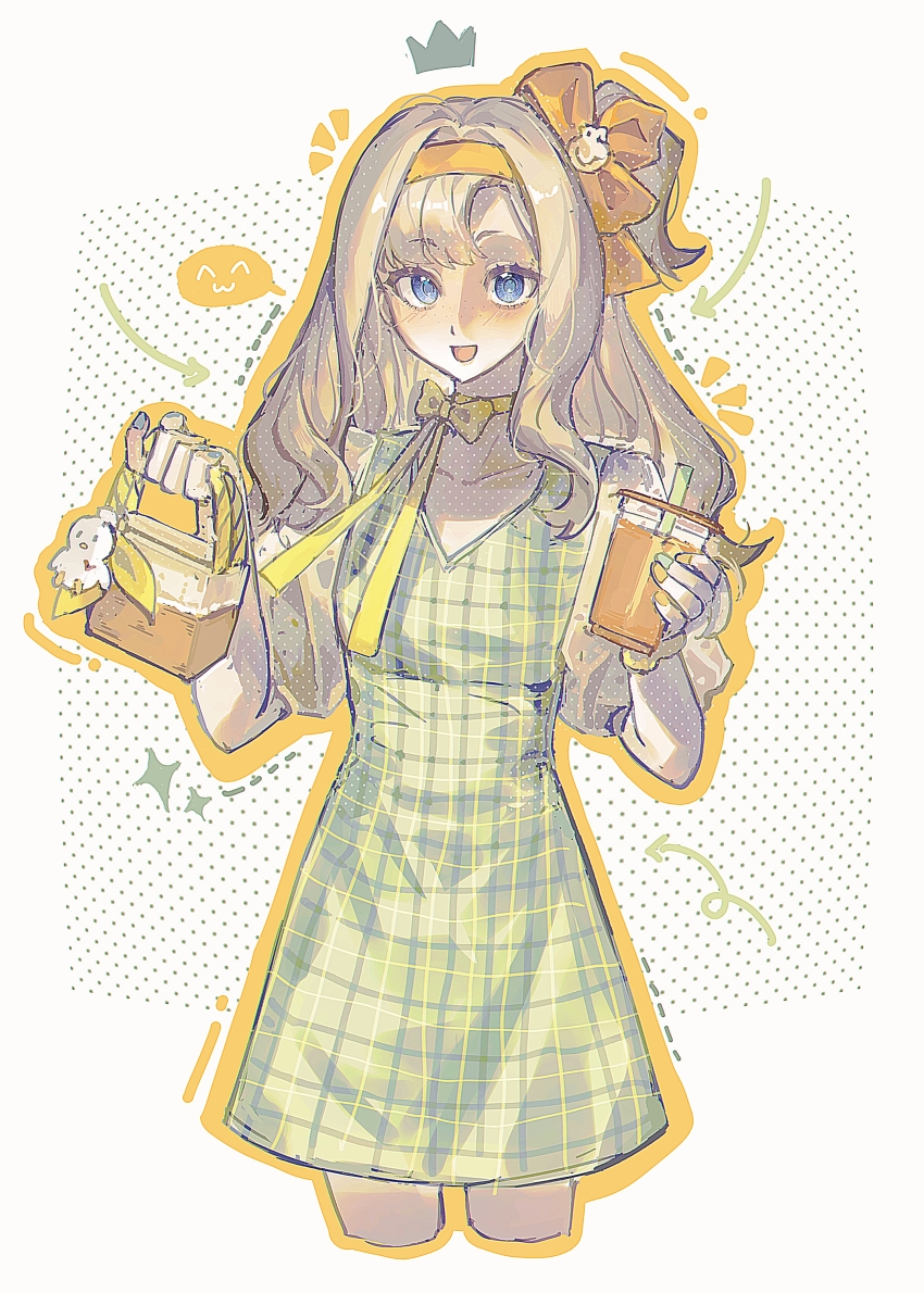 1girl :d absurdres arrow_(symbol) asymmetrical_bangs basket blonde_hair blue_eyes bow cowboy_shot cropped_legs cup disposable_cup dress drink drinking_straw green_dress hair_bow hairband halftone halftone_background hands_up highres holding holding_basket holding_cup holding_drink long_hair looking_at_viewer matilda_bouanich neck_ribbon notice_lines official_alternate_costume one_side_up open_mouth plaid_clothes plaid_dress puffy_short_sleeves puffy_sleeves reverse:1999 ribbon sangyu-feiwan short_dress short_sleeves smile solo sparkle spoken_kaomoji white_background yellow_bow yellow_hairband yellow_ribbon