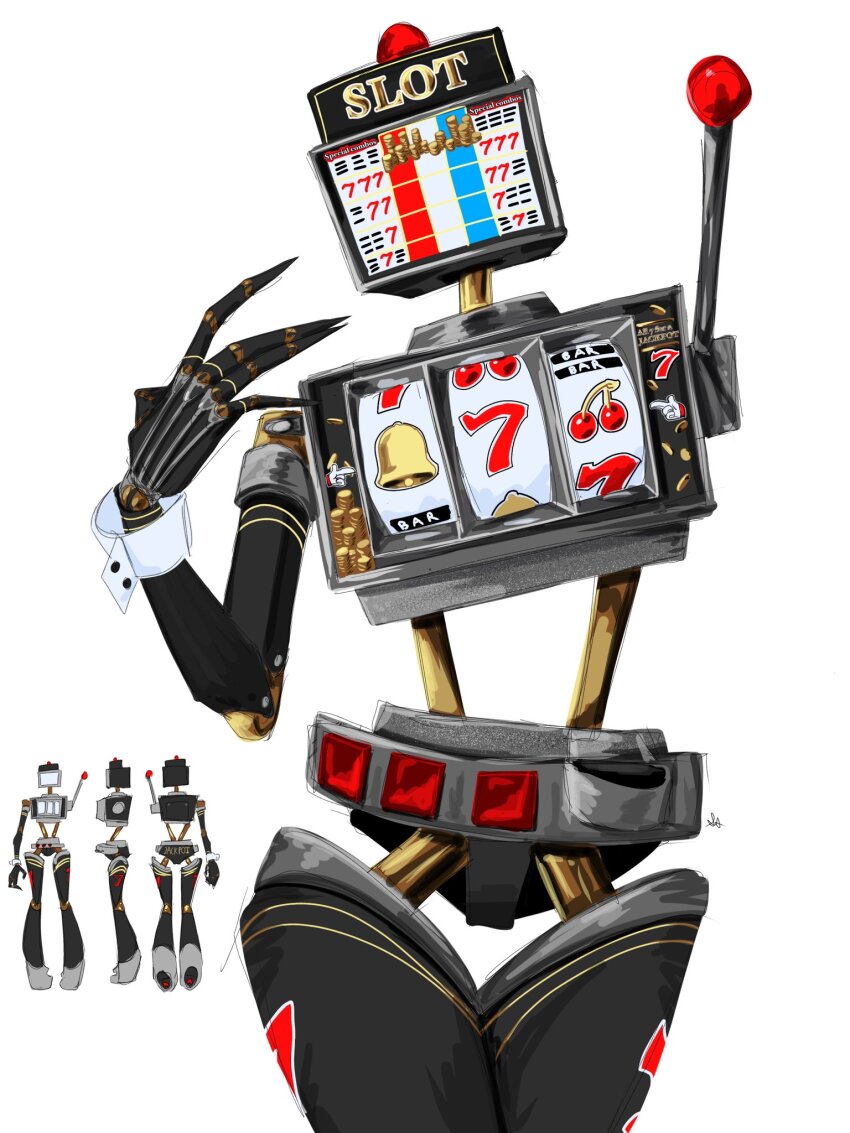 777 coin coin_slot commentary english_commentary english_text facing_viewer gambling gold_coin highres lever multiple_views original robot shellink3 slot_machine standing white_background wrist_cuffs