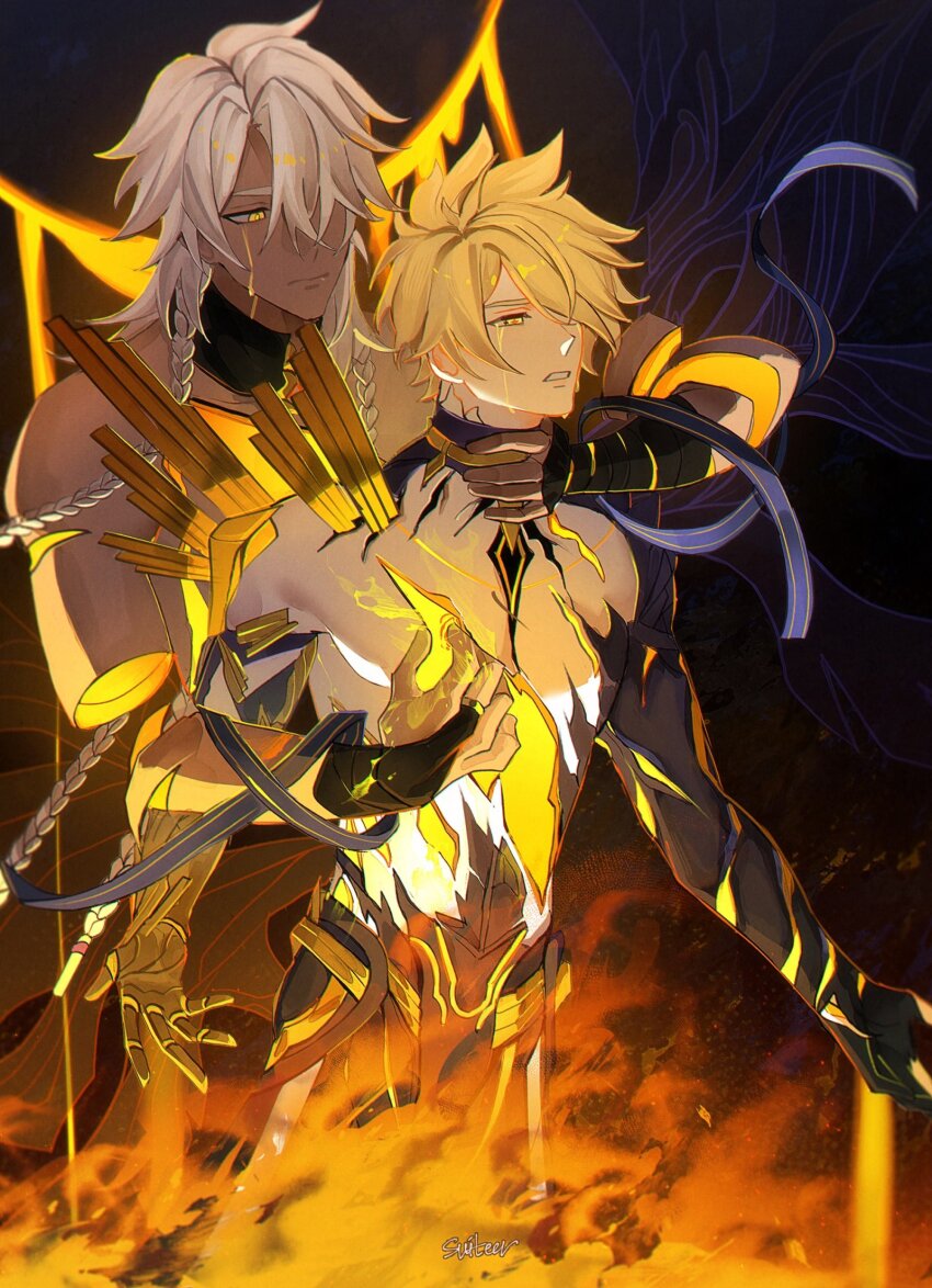 2boys abs alternate_form asymmetrical_wings bandaged_arm bandages behind_another black_wings blonde_hair blood bloody_tears braid colored_skin commentary dark-skinned_male dark_skin detached_arm english_commentary glowing grey_hair hand_on_another&#039;s_neck highres holding_hands honkai:_star_rail honkai_(series) jewelry long_braid long_hair looking_at_another looking_down male_focus material_growth moonya multicolored_skin multiple_boys multiple_scars muscular muscular_male nanook_(honkai:_star_rail) parted_lips phainon_(honkai:_star_rail) ring scar single_braid spiked_hair wings yaoi yellow_blood yellow_eyes yellow_wings