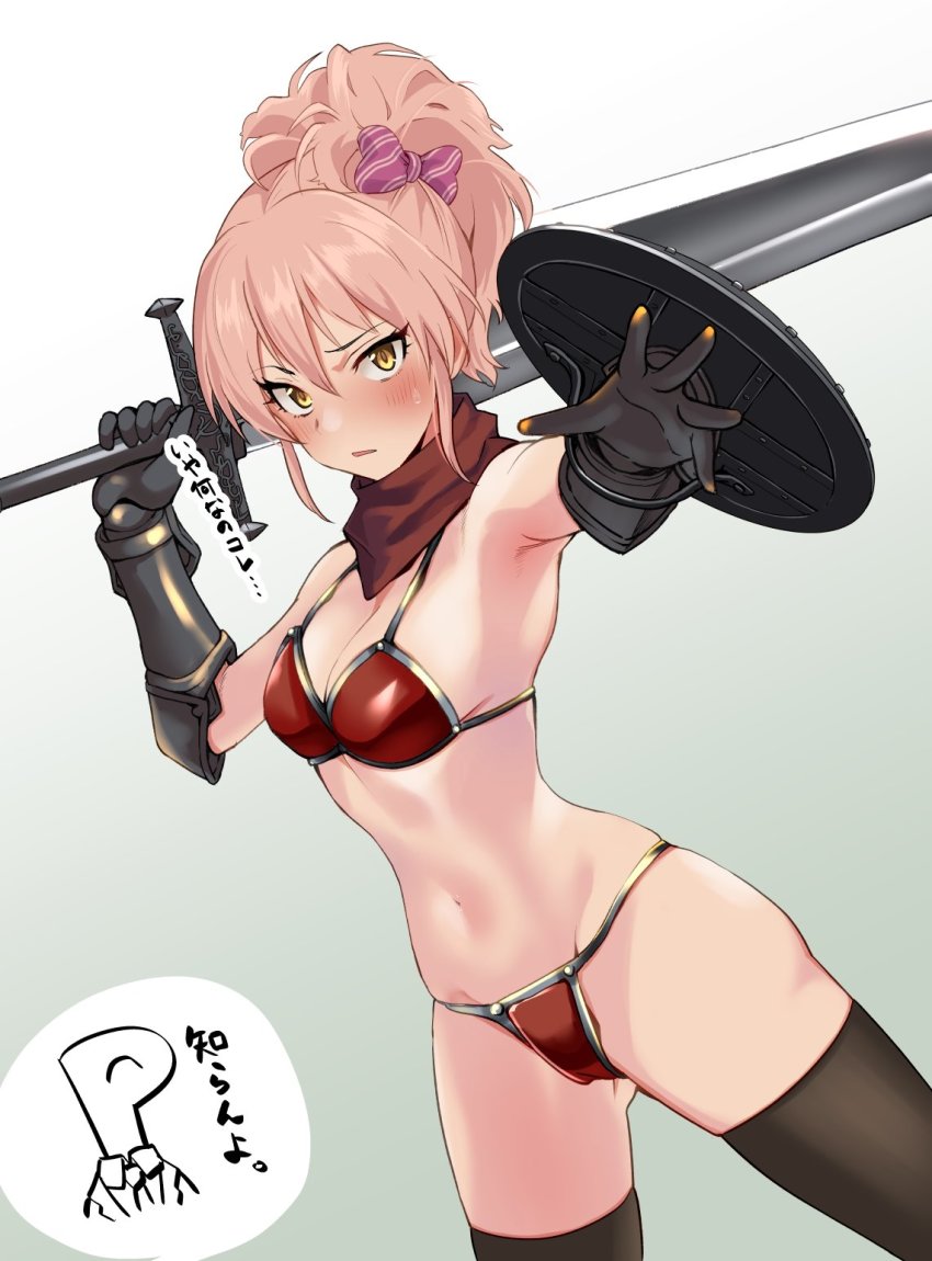 1girl armor bare_shoulders bikini_armor black_thighhighs blush bow breasts cleavage figma hair_bow highres idolmaster idolmaster_cinderella_girls jougasaki_mika long_hair looking_at_viewer makoto_(figma_styles) medium_breasts navel outstretched_arm p-head_producer parted_lips pink_hair ponytail producer_(idolmaster) red_armor red_scarf scarf shield sidelocks sword thighhighs thighs translation_request weapon yellow_eyes youhei_(testament)