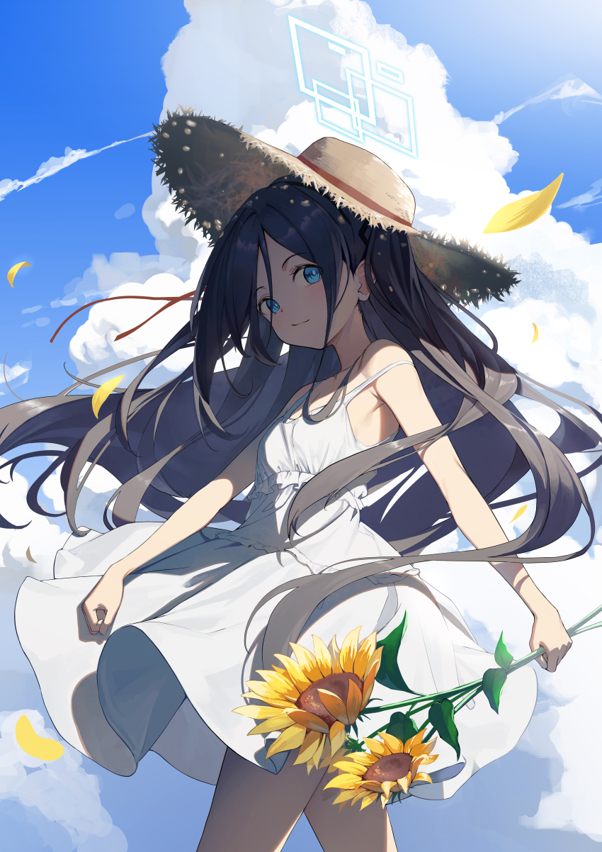 1girl absurdres alternate_costume aris_(blue_archive) black_hair blue_archive blue_eyes blue_halo blue_sky bright_pupils closed_mouth cloud commentary cowboy_shot cumulonimbus_cloud dampi day dress falling_petals flat_chest floating_clothes floating_hair flower frilled_dress frills halo hat highres holding holding_flower long_hair looking_at_viewer outdoors petals sky sleeveless sleeveless_dress smile solo strap_slip straw_hat sundress sunflower very_long_hair walking white_dress white_pupils