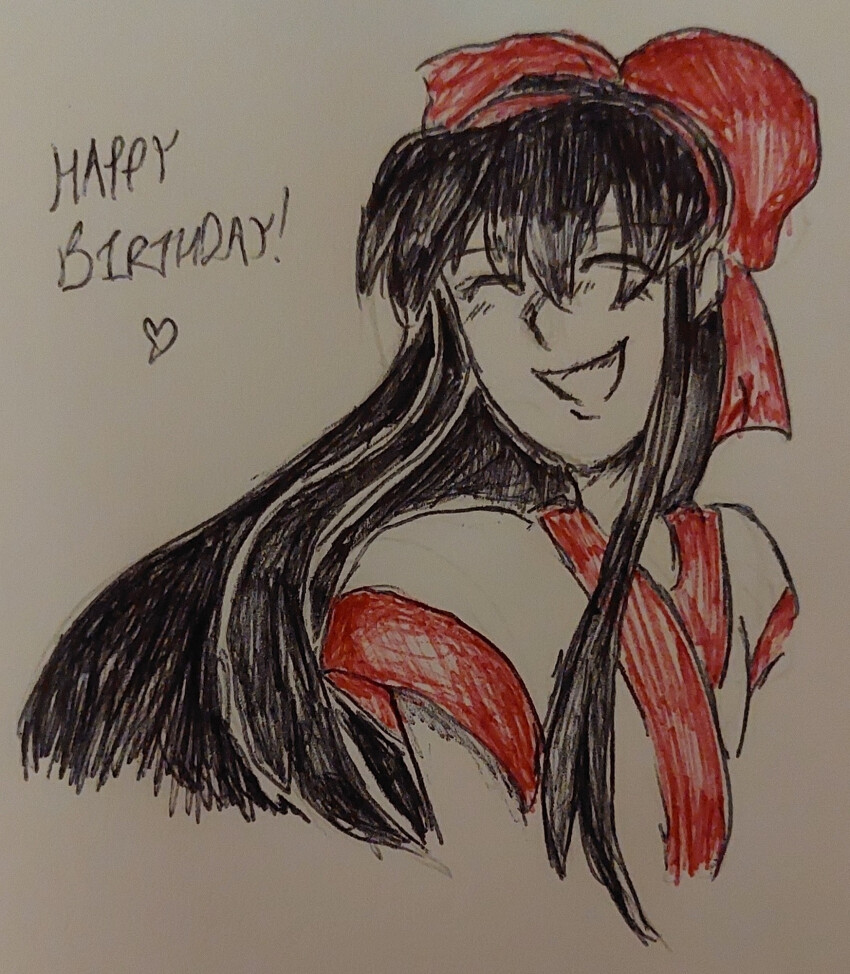 1girl ainu_clothes black_hair breasts closed_eyes english_text hair_ribbon happy highres long_hair nakoruru ribbon samurai_spirits small_breasts smile snk solo teeth the_king_of_fighters traditional_media