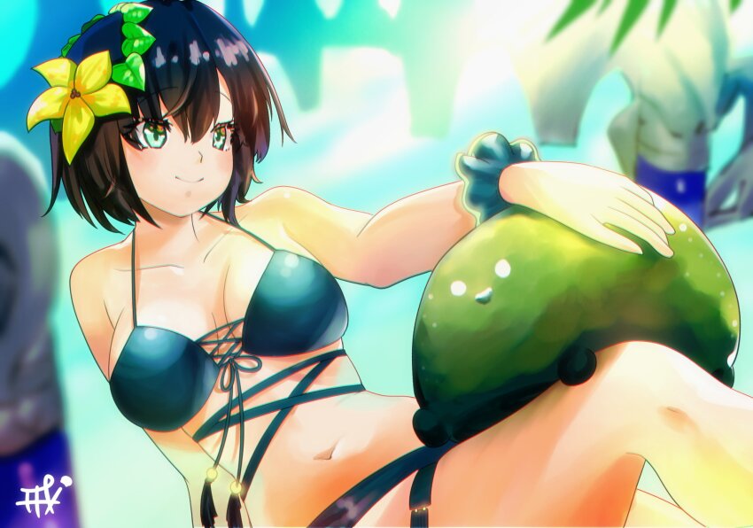 1girl aoi_erika bikini black_bikini black_hair flower green_eyes hair_flower hair_ornament head_wreath heaven_burns_red highres narvy_(heaven_burns_red) navel short_hair sitting solo swimsuit t_kutkut