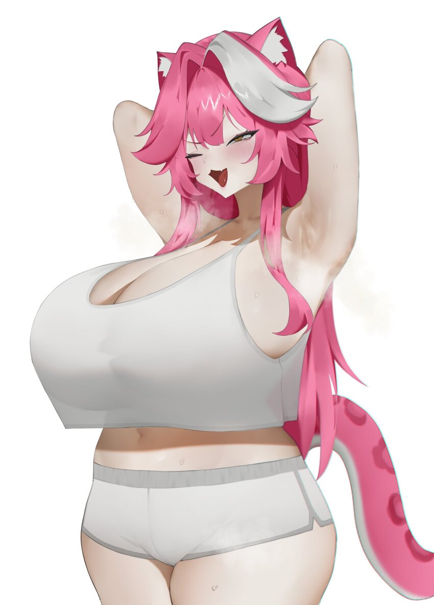 1girl absurdres animal_ears armpits arms_up blush breasts collarbone commentary crop_top crop_top_overhang english_commentary fang hair_intakes highres hololive hololive_english huge_breasts long_hair multicolored_hair navel one_eye_closed open_mouth panther_ears panther_girl panther_tail pink_hair pink_lips pink_tail raora_panthera rieko_(kuusairieko) see-through_silhouette shorts simple_background smile solo steaming_body stomach streaked_hair sweat tail tank_top thighs tongue two-tone_hair virtual_youtuber white_background white_shorts white_tank_top yellow_eyes