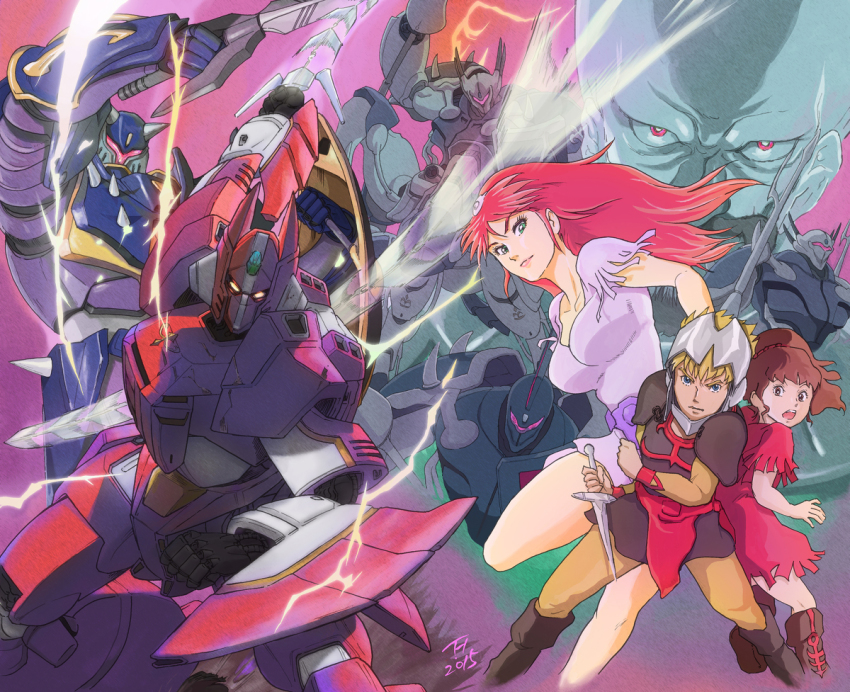 10s 2015 2boys 2girls armor breasts brown_eyes brown_hair chururu dagger galient green_eyes hilmuka jordy_vorder kikou-kai_galient knife kujira_gunsou lance large_breasts long_hair mardoul mecha multiple_boys multiple_girls polearm promaxis red_eyes red_hair robot shield sword weapon zuwel