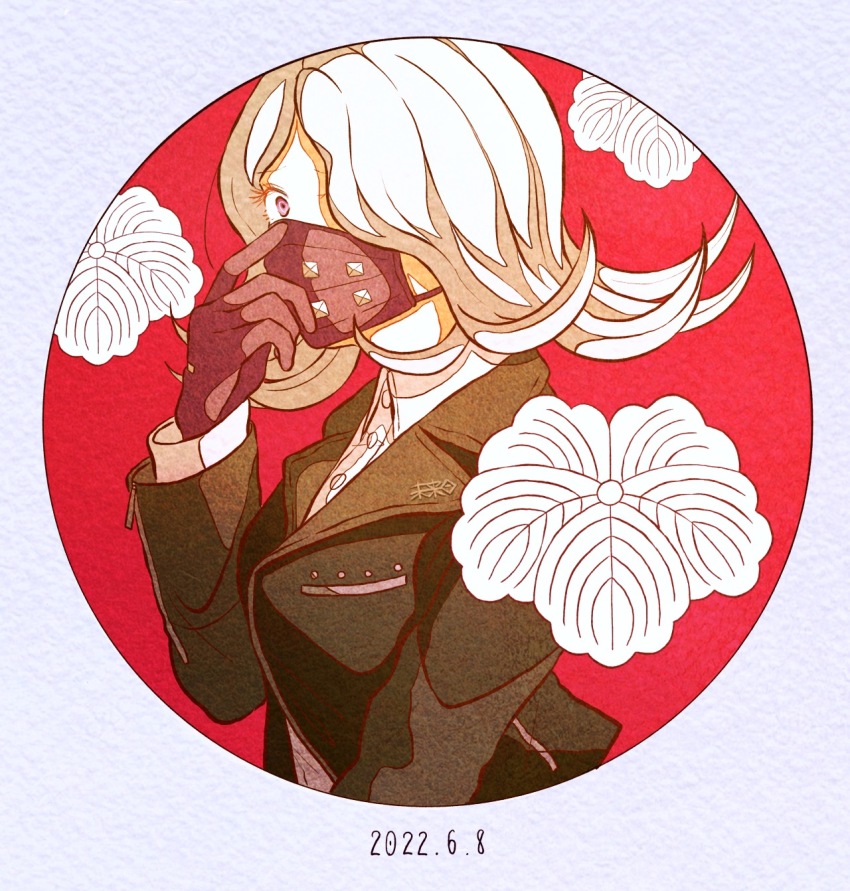 1girl black_gloves black_jacket buttons collared_shirt cropped_torso danganronpa_(series) danganronpa_3_(anime) dated dress_shirt flipped_hair gloves grey_background grey_hair grey_shirt hand_up highres jacket kimura_seiko kiri_(2htkz) long_hair long_sleeves mask mouth_mask open_clothes open_jacket parted_bangs pink_eyes red_background round_image shirt solo