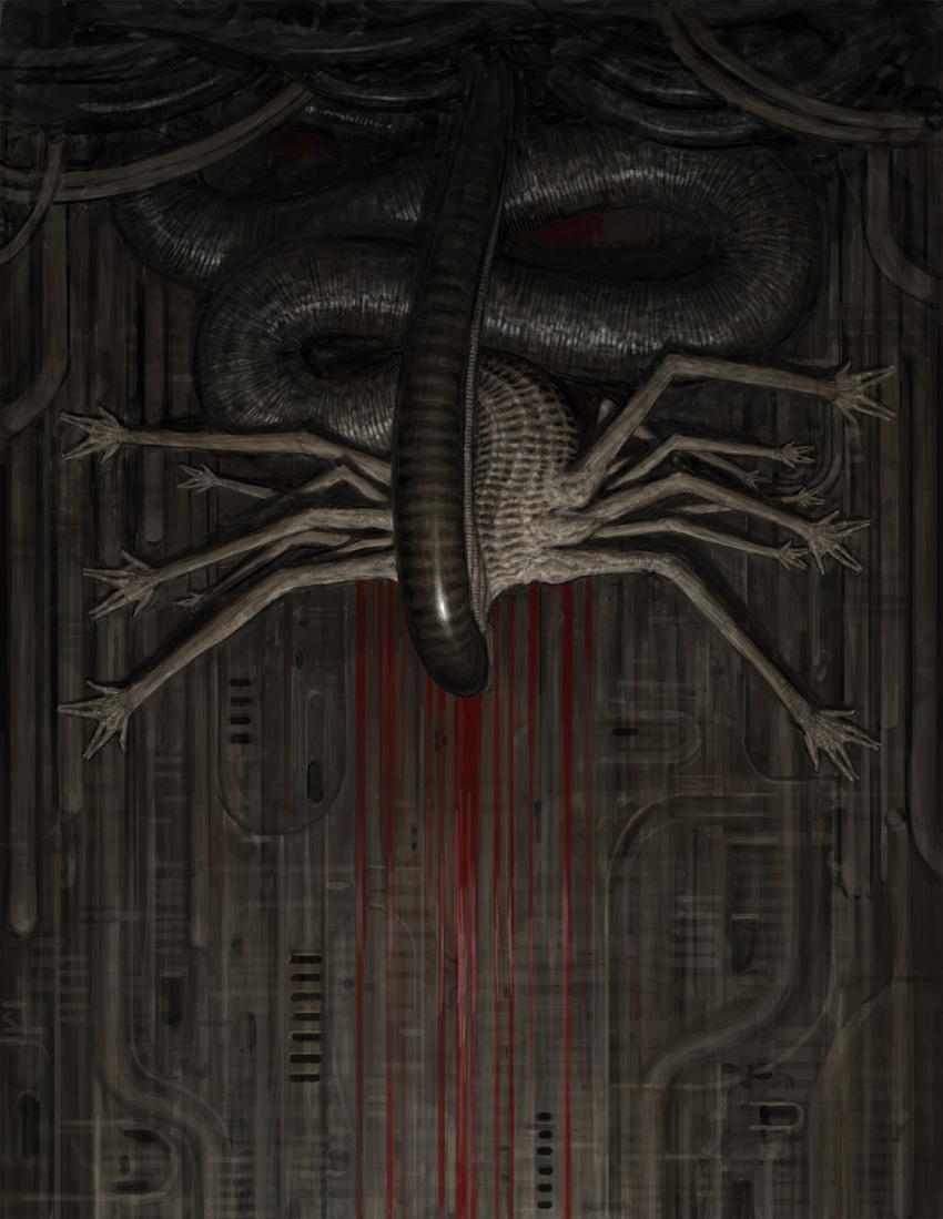 alien alien_(1979) alien_(series) ariel_perez blood blood_on_wall extra_arms highres horror_(theme) industrial_pipe looking_down no_humans original science_fiction tail xenomorph