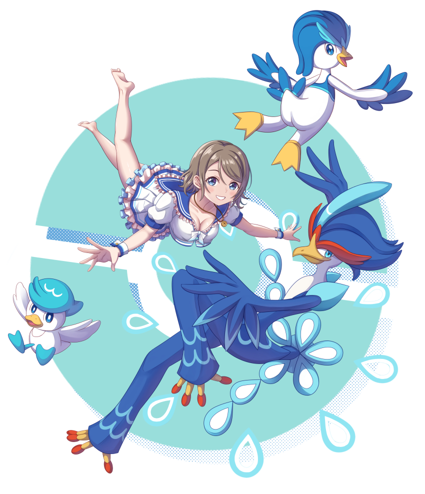 1girl absurdres bird blue_background blue_eyes blush bow bowtie breasts brown_hair cleavage duck feet frills from_above grey_hair highres jewelry looking_at_viewer love_live! love_live!_sunshine!! necklace nintendo poke_ball pokemon pokemon_(creature) quaquaval quaxly quaxwell sailor sailor_collar short_sleeves simple_background skirt smile thighs tsukimi_seiya watanabe_you wavy_hair white_background wrist_cuffs