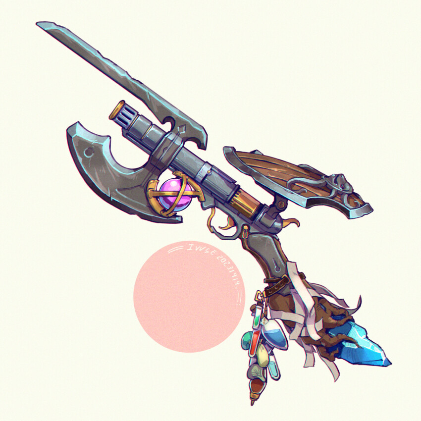 artist_name bayonet blue_gemstone chromatic_aberration corked_bottle dated fusion gem highres iwse_zhang no_humans original potion pouch purple_gemstone shield signature simple_background still_life weapon weapon_focus white_background