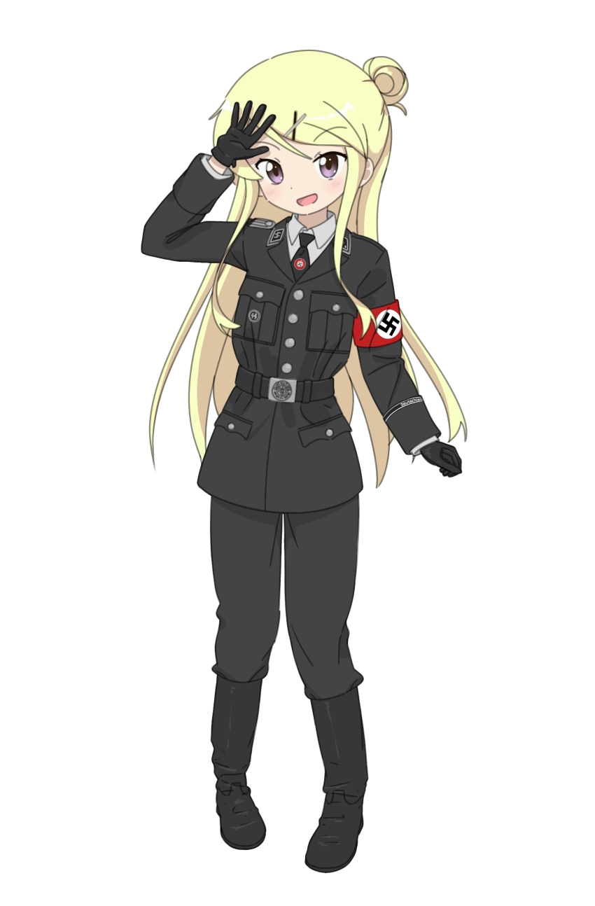 1girl :d absurdres alternate_costume armband belt black_belt black_boots black_cat03 black_gloves black_jacket black_necktie black_pants blonde_hair boots collar_tabs collared_shirt commission full_body gloves hair_bun hair_ornament hand_up highres jacket kin-iro_mosaic kujou_karen long_hair military_jacket military_uniform nazi necktie open_mouth pants purple_eyes red_armband shirt simple_background single_hair_bun smile solo ss_insignia ss_uniform standing swastika white_background x_hair_ornament