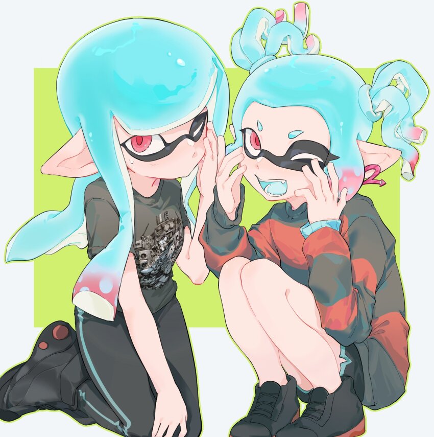 2girls :d asymmetrical_sleeves black_footwear black_pants black_shirt black_shorts black_sweater blue_hair blue_tongue blue_trim blunt_ends border colored_tongue dolphin_shorts earrings fangs full_body gradient_hair green_background green_outline hand_on_own_face hands_on_own_face highres inkling jewelry kneeling light_blush long_hair long_sleeves looking_at_viewer mismatched_sleeves multicolored_hair multiple_girls nintendo nooorthmeeelon number_earrings omega-chan_(splatoon) one_eye_closed open_mouth outline outside_border pants pointy_ears print_shirt red_eyes red_hair red_pupils red_sole-chan_(splatoon) red_sweater shirt shoes short_hair short_sleeves short_twintails shorts single_earring sitting sleeves_past_wrists smile sneakers splatoon_(manga) splatoon_(series) striped_clothes striped_sweater sweat sweater tentacle_hair twintails two-tone_hair white_border