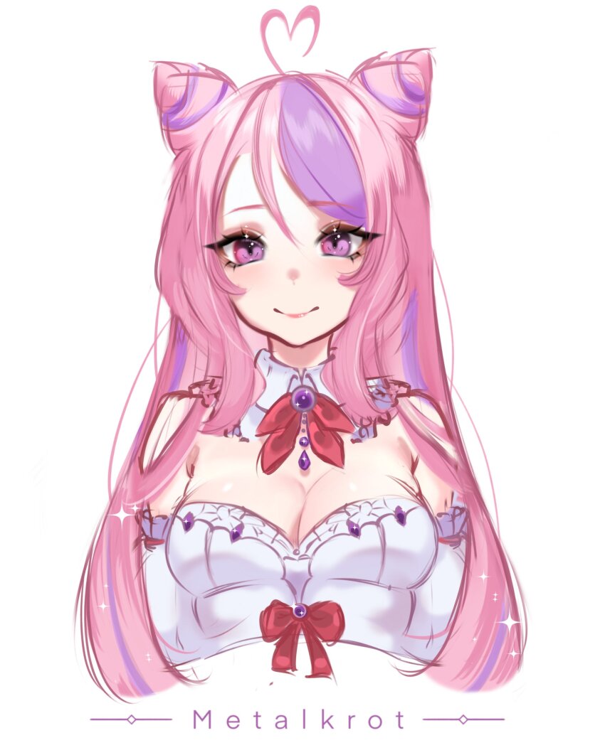 1girl absurdres ahoge artist_name breasts cleavage commentary cone_hair_bun cropped_torso detached_collar detached_sleeves double_bun dress english_commentary hair_bun heart heart_ahoge highres ironmouse ironmouse_(fallen_angel) long_hair looking_at_viewer medium_breasts metalkrot multicolored_hair pink_hair portrait purple_eyes purple_hair red_ribbon ribbon smile solo straight-on streaked_hair virtual_youtuber vshojo white_background white_dress
