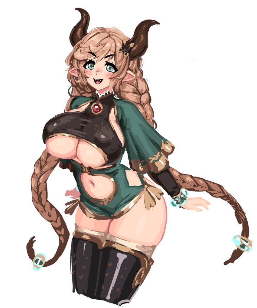 1girl :d barbariank blush braid breasts brown_hair capelet carmelina_(granblue_fantasy) clothing_cutout commentary cowboy_shot cropped_legs english_commentary granblue_fantasy green_capelet green_eyes highres hip_vent horns huge_breasts leaning_forward long_braid long_hair long_sleeves looking_at_viewer navel open_mouth pointy_ears simple_background sketch smile solo stomach_cutout twin_braids underboob underboob_cutout very_long_hair white_background