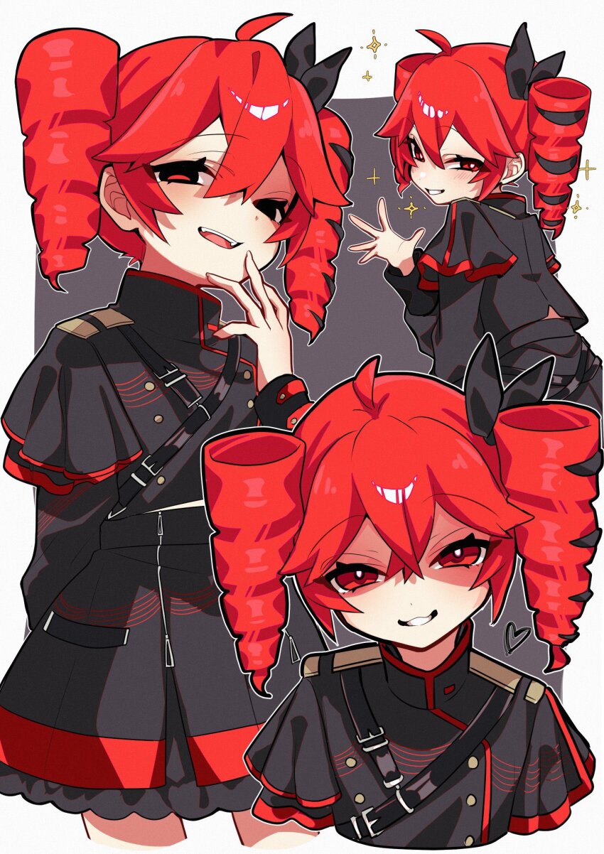1girl ahoge alternate_color black_bow black_jacket black_skirt bow buttons chest_belt cropped_legs drill_hair grin hair_between_eyes hair_bow hand_up heart highres jacket kasane_teto kasane_teto_(sv) looking_at_viewer multiple_views open_mouth outside_border red_eyes red_hair shigure_(rinky_creater) skirt smile smug synthesizer_v twin_drills