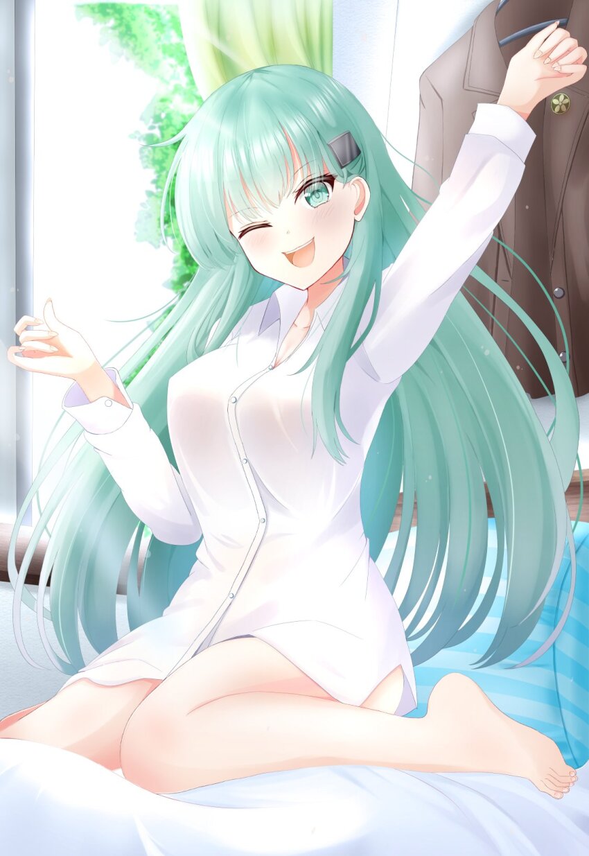 1girl aqua_eyes aqua_hair blush breasts curtains day hair_between_eyes hair_ornament hairclip highres jacket kantai_collection large_breasts long_hair long_sleeves looking_at_viewer on_bed one_eye_closed open_mouth pillow ringo002 school_uniform sitting smile solo suzuya_(kancolle) window