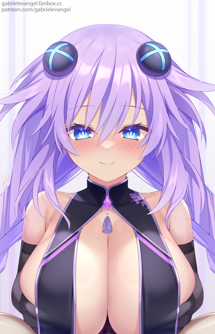 1boy 1girl artist_name black_gloves blue_eyes blush braid breast_curtain breast_curtains breasts china_dress chinese_clothes choujigen_game_neptune cleavage dress elbow_gloves gabriel_evangel gem gloves hair_ornament highres large_breasts looking_at_viewer neptune_(neptunia) neptune_(series) paizuri power_symbol-shaped_pupils purple_gemstone purple_hair purple_heart_(neptunia) shiny_skin signature simple_background smile symbol-shaped_pupils thighhighs twin_braids