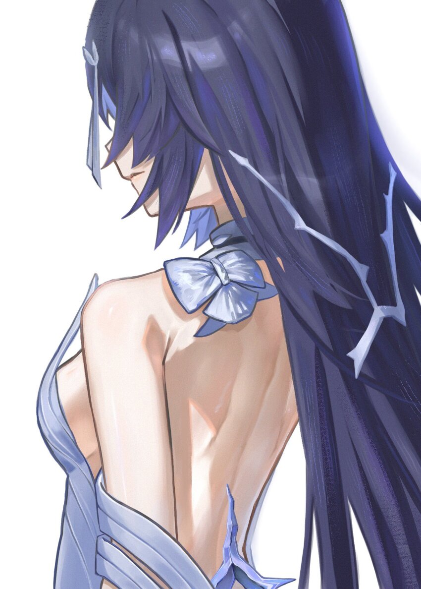 1girl backless_dress backless_outfit bare_back bare_shoulders blue_hair bow breasts dress duoyun_de_tiankong grey_bow grey_dress highres honkai_(series) honkai_impact_3rd seele_vollerei seele_vollerei_(herrscher_of_rebirth) simple_background small_breasts solo upper_body white_background