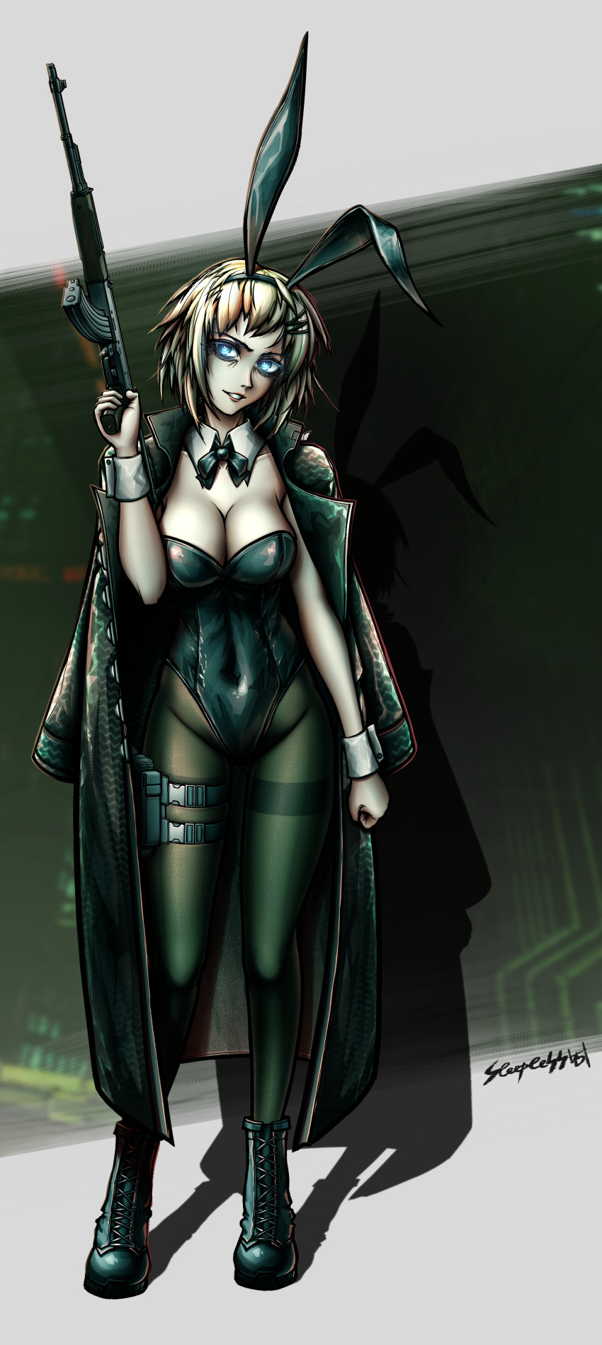 1girl absurdres akm akms alternate_breast_size android animal_ears artificial_eye assault_rifle bags_under_eyes black_boots black_bow black_bowtie black_coat black_leotard blonde_hair blue_eyes boots bow bowtie breasts buttons choker coat colored_skin cyberpunk dark_background fake_animal_ears full_body glowing glowing_eyes gun hair_ornament hairband hairclip head_tilt highres holding holding_gun holding_weapon kalashnikov_rifle large_breasts lens_eye leotard light_smile looking_at_viewer makeup marie_(peripeteia) navel nose nose_shade open_clothes open_coat outside_border pantyhose peripeteia playboy_bunny rabbit_ears ribbon_choker rifle shadow short_hair sidelocks sleepless451 solo solo_focus standing twitter_username weapon white_skin wrist_cuffs