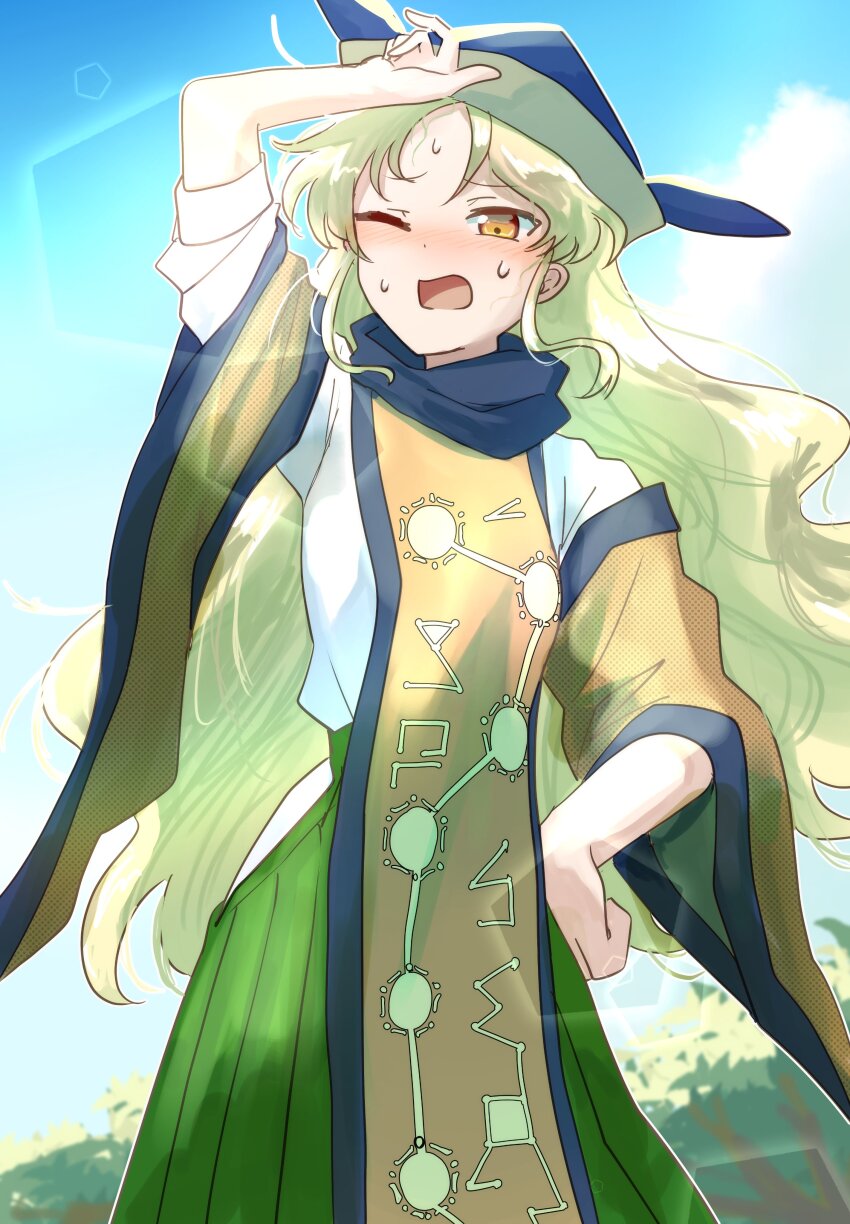 1girl absurdres blonde_hair blue_sky blush cloud cloudy_sky constellation_print cowboy_shot day detached_sleeves flower green_skirt hand_on_own_head hand_on_own_hip hand_up hat highres hot long_hair long_sleeves looking_afar matara_okina one_eye_closed open_mouth orange_eyes orange_sleeves orange_tabard outdoors sabayomi_38 shirt sidelocks skirt sky solo standing summer sweat tabard touhou wavy_hair white_shirt wide_sleeves yellow_flower