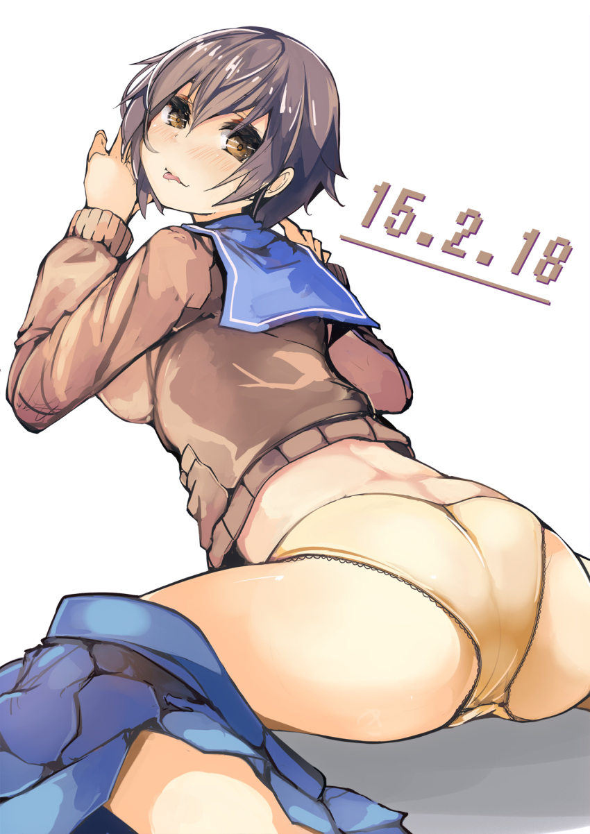 1girl :p ass blush breasts brown_eyes brown_hair clothes_pull corpse_party female_focus from_behind highres kamui0226 large_breasts looking_back nakashima_naomi panties school_uniform serafuku short_hair sitting skirt skirt_pull solo tongue tongue_out underwear wariza