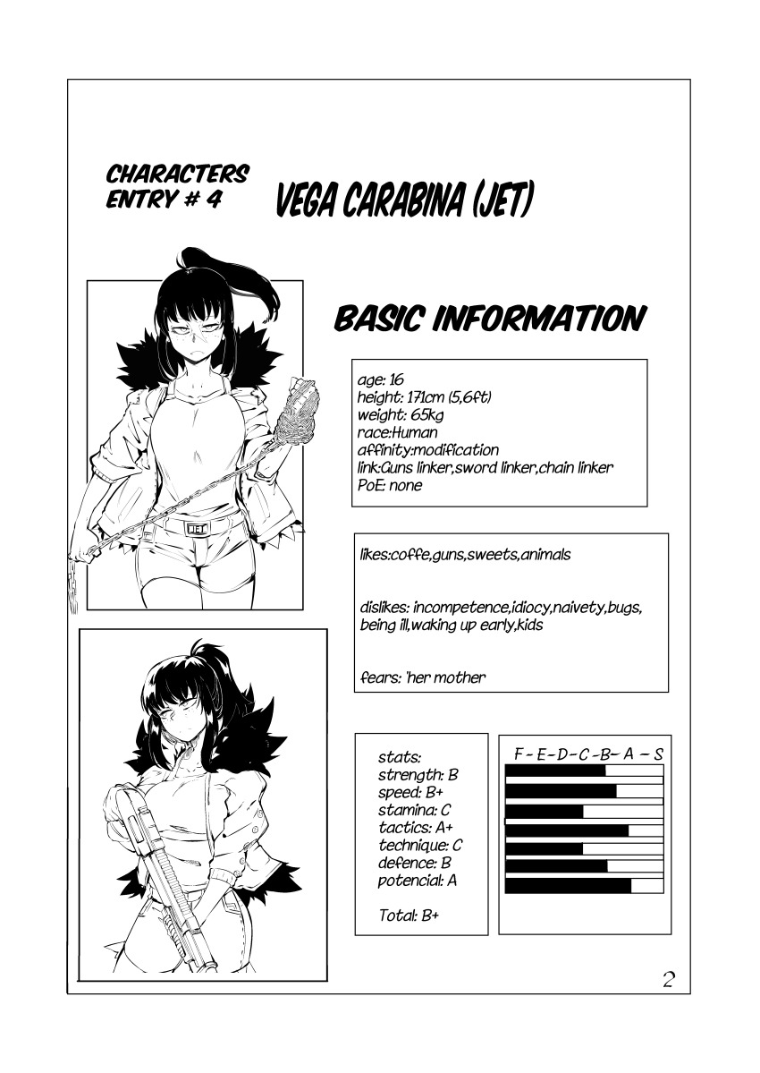 1girl absurdres antares_topaz belt belt_buckle black_hair buckle chained_wrists character_age character_name character_profile collarbone denim denim_shorts english_text fighting_stance freckles fur_jacket graph gun height highres holding holding_gun holding_weapon jacket jet_(star_linker) long_bangs long_hair multiple_views ponytail scar scar_on_face scar_on_nose shirt shorts shotgun smiley_face star_linker stats typo weapon weight white_background