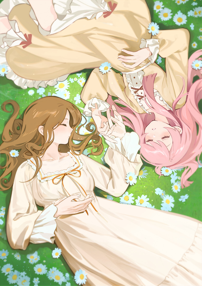 2girls bang_dream! bang_dream!_it&#039;s_mygo!!!!! brown_hair chihaya_anon closed_eyes closed_mouth commentary dress field flower flower_field gold_ribbon grass highres holding_hands long_hair long_sleeves lying multiple_girls nagasaki_soyo neck_ribbon on_back open_mouth pink_hair ribbon sidelocks white_dress yayako_(804907150) yellow_dress yuri