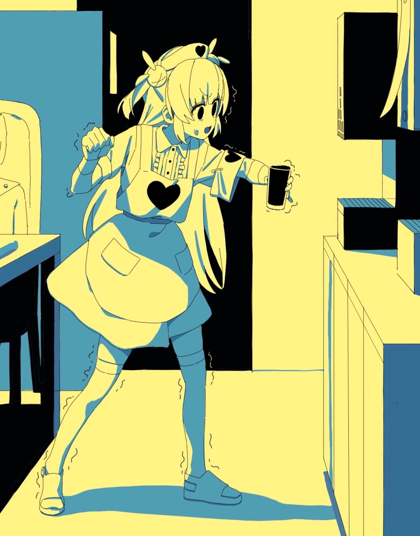 1boy 1girl apron armband center_frills clenched_hand collared_dress commentary cup dress famiresu_wo_kyouju_seyo frills from_side hand_up hat highres holding holding_cup indoors limited_palette long_hair natori_sana natori_sana_(nurse) nervous nervous_smile nurse_cap open_mouth out_of_frame railroad_spike_(famiresu_wo_kyouju_seyo) safety_pin sana_channel sandals shadow short_sleeves small_sweatdrop smile soda_fountain solo_focus standing suisei_lens thighhighs trembling two_side_up v-shaped_eyebrows virtual_youtuber wide-eyed