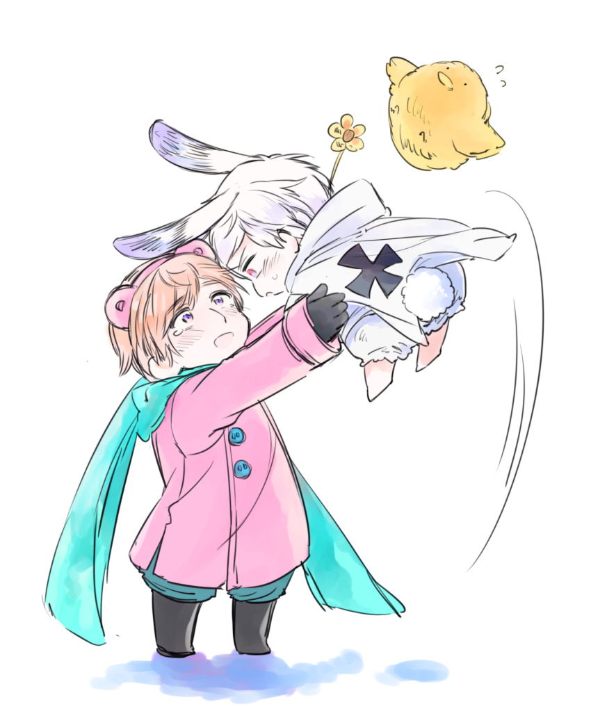 2boys animal_ears arms_up axis_powers_hetalia baby_animal baggy_pants beak bear_ears bird black_boots black_gloves bloomers blue_pants blue_scarf boots buttons cape carrying carrying_person chibi chibi_only chick coat commentary_request cross cross_print fake_animal_ears feathered_wings flower flying full_body gloves goro_nyanko hair_between_eyes highres kemonomimi_mode long_sleeves looking_at_another multiple_boys open_mouth orange_hair pants pink_coat pink_eyes prussia_(hetalia) purple_eyes rabbit_ears rabbit_tail russia_(hetalia) scarf shadow short_hair simple_background smile standing sweatdrop tail tearing_up underwear white_background white_bloomers white_cape white_hair wings yellow_flower