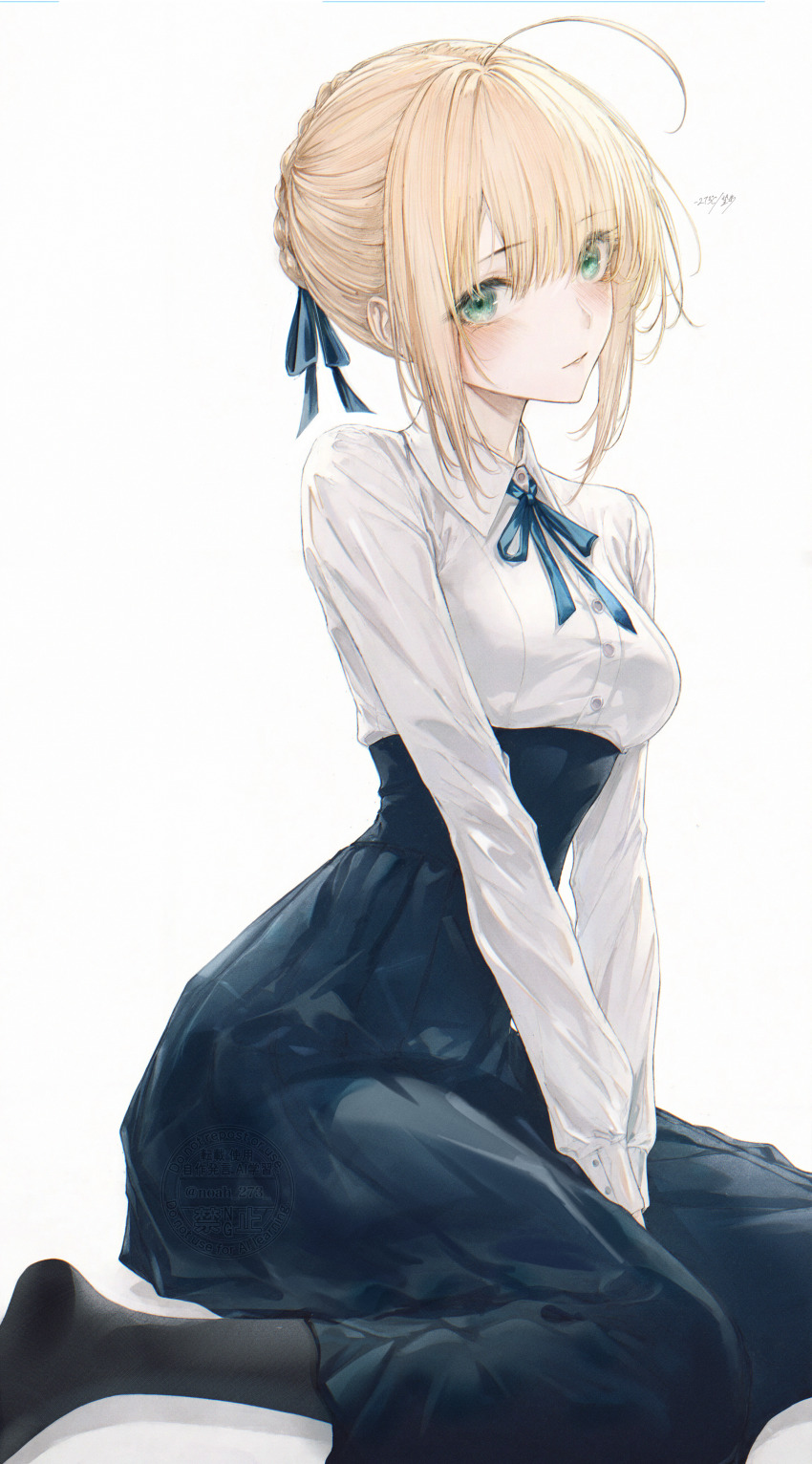 1girl absurdres artoria_pendragon_(fate) black_socks blonde_hair blue_ribbon blue_skirt blush fate/stay_night fate_(series) green_eyes hair_between_eyes hair_bun hair_ribbon high-waist_skirt highres looking_at_viewer no_shoes parted_lips renoahh ribbon shirt short_hair sidelocks skirt socks solo white_shirt