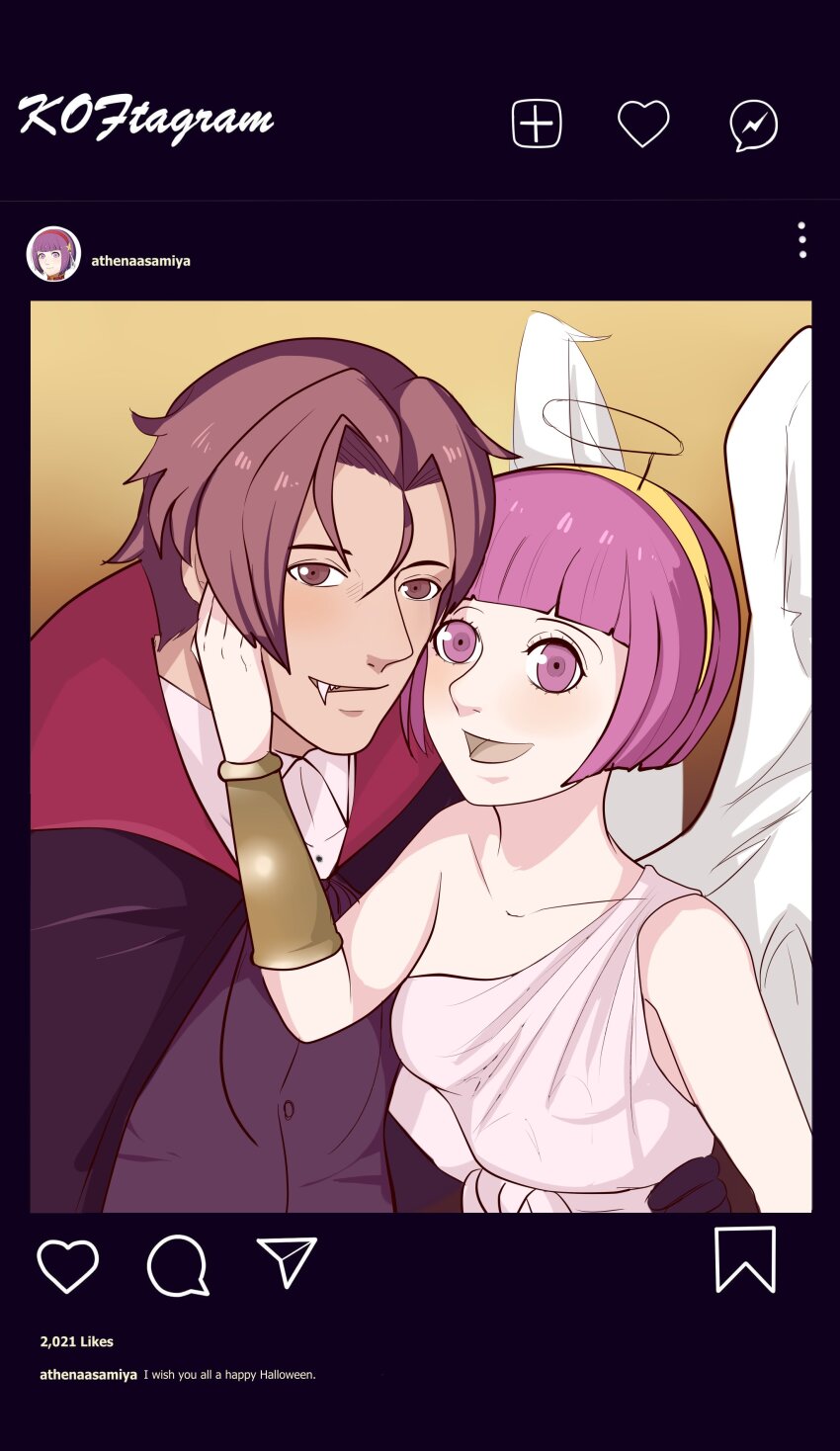 1boy 1girl angel_wings asamiya_athena brown_hair charlyarts halloween halloween_costume halloween_party idol instagram_logo kusanagi_kyou psycho_soldier purple_hair snk the_king_of_fighters the_king_of_fighters_xv vampire_costume wings