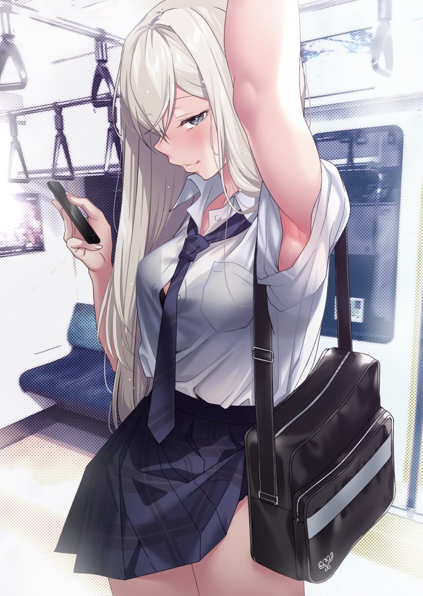 1girl arm_up armpits bag black_bag black_bra blouse blue_necktie blue_skirt bra bra_peek breast_pocket button_gap cellphone clothes_lift collared_shirt cowboy_shot grey_eyes hand_grip hario_4 highres holding holding_hand_grip holding_phone long_hair looking_at_viewer necktie one_eye_covered original phone platinum_blonde_hair pleated_skirt pocket profile school_bag school_uniform see-through_clothes see-through_shirt shirt shirt_tucked_in short_sleeves skirt skirt_lift smartphone smile solo standing thighs train_interior underwear very_long_hair white_shirt