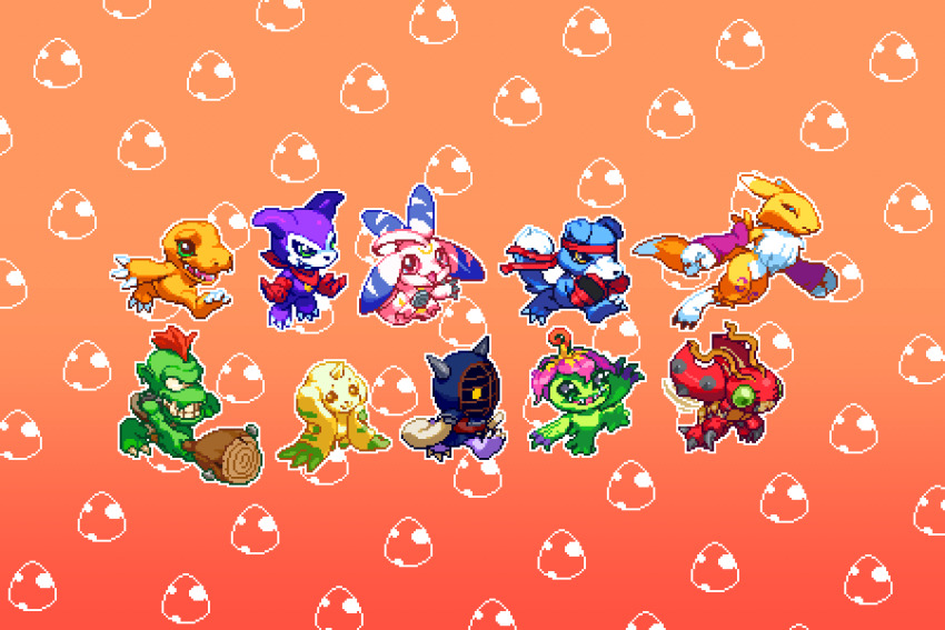 :3 agumon bandana bandana_around_neck black_sclera blue_eyes body_fur bug chibi colored_sclera colored_skin compound_eyes demon digimon digimon_(creature) digitama dog egg fox gaomon gloves goblin goburimon green_eyes green_skin headband helmet highres horns impmon insect_wings kitsune kotemon lunamon mohawk orange_background orange_skin palmon pink_fur pixel_art plant purple_skin rabbit red_bandana red_gloves red_hair renamon reptile single_horn sword tentomon terriermon ticosanchezz trait_connection weapon white_skin wings wooden_sword yellow_fur