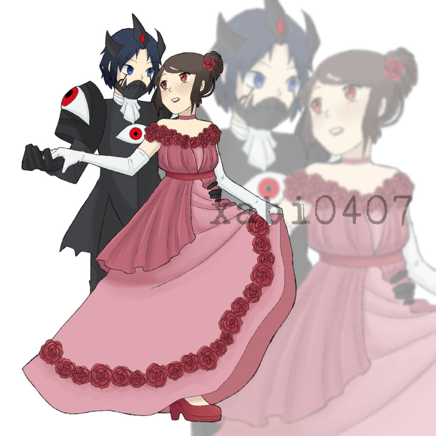 1boy 1girl blue_eyes brown_hair cosplay digimon digimon_adventure_02 digimon_frontier duskmon duskmon_(cosplay) highres kimura_kouichi looking_at_another short_hair yagami_hikari