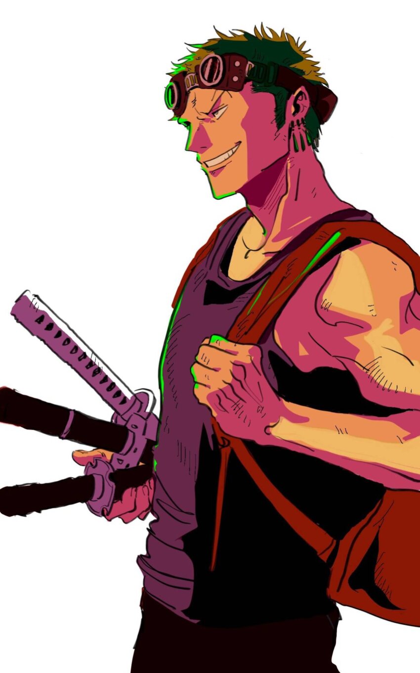 1boy backpack bag curly_eyebrows earrings fengcheche goggles goggles_on_head green_hair grey_shirt highres holding holding_bag jewelry male_focus multiple_swords one_piece red_bag roronoa_zoro shirt short_hair sleeveless sleeveless_shirt smile solo sword weapon