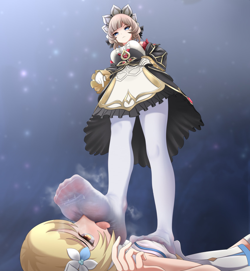 2girls absurdres black_bow black_dress black_sleeves blonde_hair blue_eyes bow breasts brown_hair closed_mouth detached_sleeves dress flower foot_on_another&#039;s_face foot_on_chest foreshortening frilled_sleeves frills from_below full_body genshin_impact gloves gold_trim grey_background hair_bow hair_flower hair_ornament hand_on_own_hip highres licking licking_foot light_particles looking_down lumine_(genshin_impact) lying multicolored_dress multiple_girls no_shoes on_back pantyhose pleated_dress pointing pointing_down sandrone_(genshin_impact) see-through_pantyhose short_hair smell soles standing stepped_on toes tongue tongue_out trample user_daph4523 wet wet_clothes white_dress white_flower white_gloves white_headdress white_pantyhose wide_sleeves yellow_eyes yuri