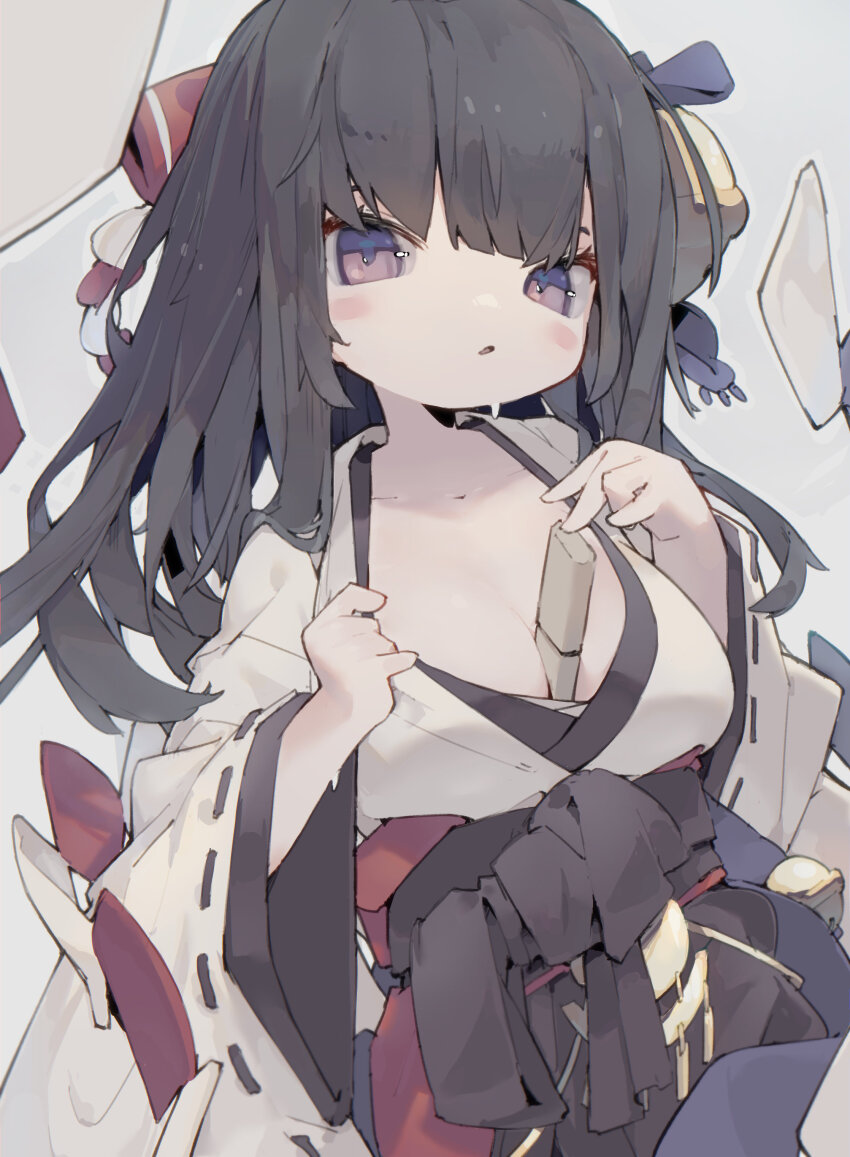 1girl absurdres bell black_hair blush_stickers breasts cleavage collarbone hair_between_eyes highres japanese_clothes jingle_bell kimono long_hair nep_(nep_76) open_mouth original parted_lips purple_eyes solo upper_body white_kimono
