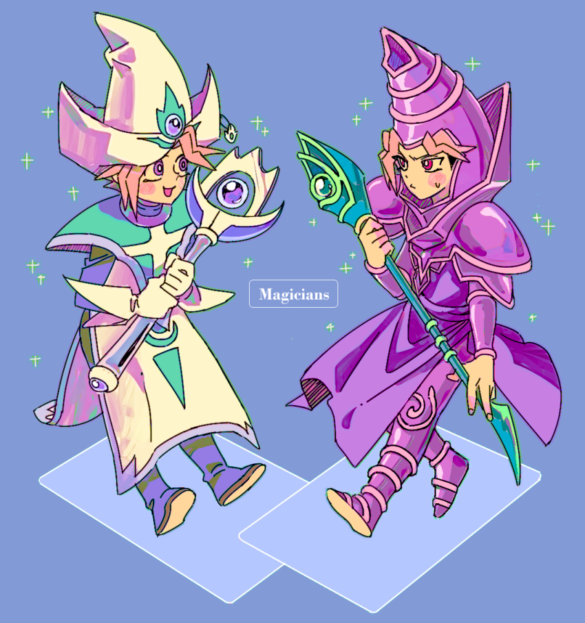 0109h 2boys armor blonde_hair blue_background blue_footwear cosplay dark_magician dark_magician_(cosplay) gloves hat holding holding_staff male_focus multiple_boys muto_yugi purple_armor purple_eyes silent_magician silent_magician_(cosplay) simple_background staff sweatdrop tabard white_gloves white_hat white_tabard wizard_hat yami_yugi yu-gi-oh! yu-gi-oh!_duel_monsters