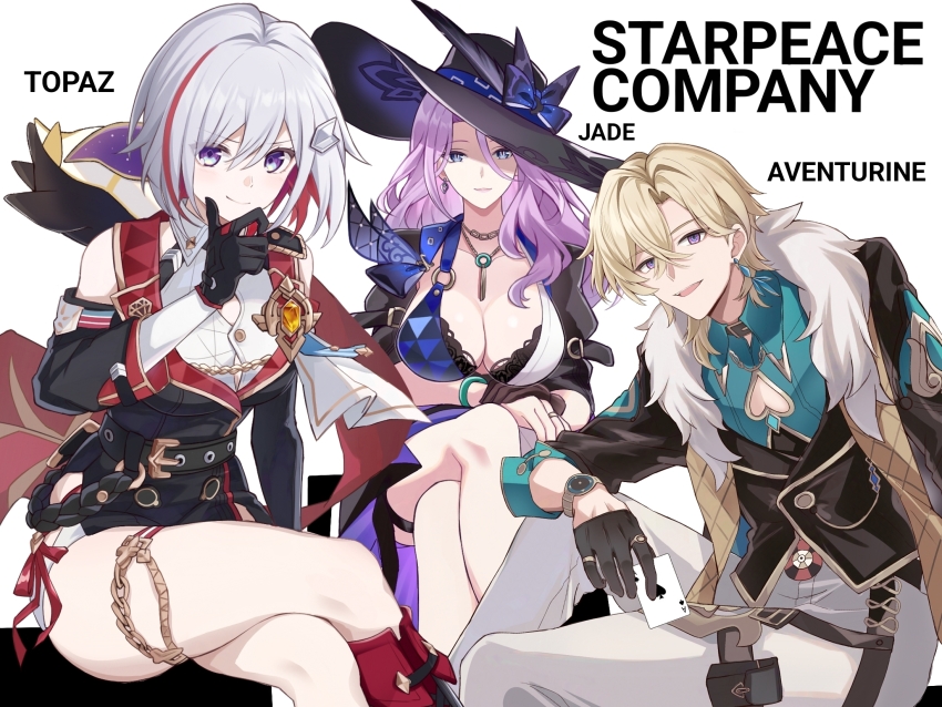 1boy 2girls ace_(playing_card) ace_of_spades aqua_shirt aventurine_(honkai:_star_rail) bare_shoulders black_bra black_gloves black_hat black_jacket black_unitard blonde_hair blue_eyes bra bra_peek bracelet breasts card character_name cleavage closed_mouth commentary_request cowboy_shot crossed_legs diamond-shaped_pupils diamond_(shape) dress earrings english_text fur_scarf gloves hair_between_eyes hair_ornament hairclip hand_on_own_chin hat highres holding holding_card honkai:_star_rail honkai_(series) jacket jade_(honkai:_star_rail) jewelry knee_up large_breasts long_hair looking_at_viewer multicolored_hair multiple_girls necklace numby_(honkai:_star_rail) open_mouth pants parted_lips pink_hair playing_card purple_eyes red_hair ring saint_laurent_paris shirt short_hair simple_background single_glove sitting slit_pupils smile spade_(shape) spade_cutout streaked_hair symbol-shaped_pupils topaz_(honkai:_star_rail) trotter_(honkai:_star_rail) two-tone_dress underwear watch white_background white_hair white_pants white_shirt wristwatch