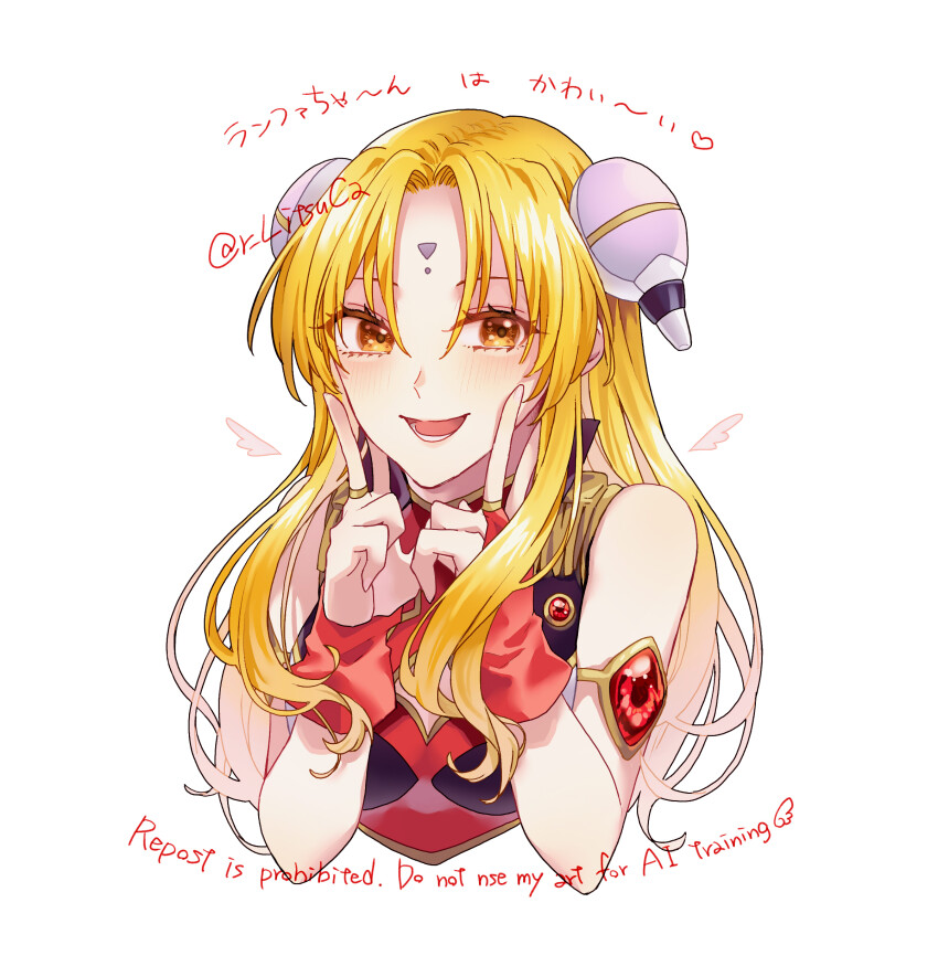 1girl :d absurdres blonde_hair brown_eyes facial_mark galaxy_angel hair_ornament hairpods highres long_hair looking_at_viewer open_mouth ranpha_franboise ritsu_(r_litsuca) sleeveless smile solo upper_body v white_background
