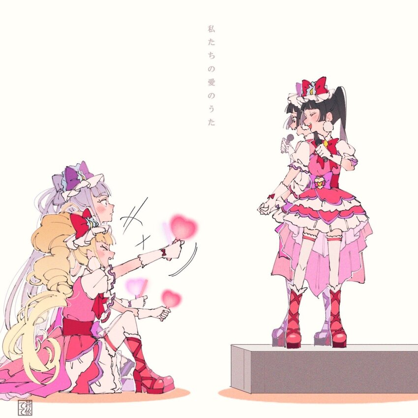 4girls aisaki_emiru aoi_tete artist_name back-to-back black_hair blonde_hair boots bow closed_eyes closed_mouth commentary cosplay cure_amour cure_amour_(cosplay) cure_macherie cure_macherie_(cosplay) dress drill_hair earrings facing_another frilled_sleeves frills gloves glowstick hat hat_bow highres holding holding_hands holding_microphone hugtto!_precure jewelry looking_at_another magical_girl medium_dress microphone multiple_girls music open_mouth podium pom_pom_(clothes) pom_pom_earrings precure puffy_short_sleeves puffy_sleeves purple_bow purple_dress purple_footwear purple_hair red_bow red_dress red_footwear ruru_amour short_dress short_sleeves shout_lines siblings side-by-side signature singing sitting smile thighhighs translated twin_drills twins twintails white_gloves white_headwear white_thighhighs