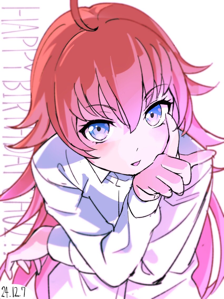 1girl absurdres ahoge bang_dream! blue_eyes blush character_name commentary_request dated happy_birthday highres long_hair looking_at_viewer nobusawa_osamu red_hair shirt simple_background solo tamade_chiyu white_background