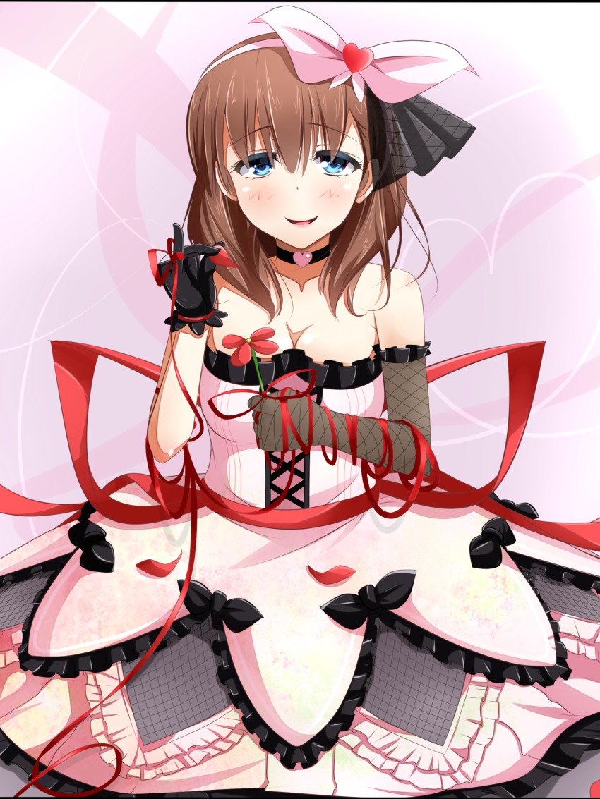 10s 1girl arm_ribbon bare_shoulders blue_eyes breasts brown_hair choker cleavage dress elbow_gloves female_focus frilled_dress frills gloves hairband heart heart-shaped_pupils highres idolmaster idolmaster_cinderella_girls large_breasts looking_at_viewer open_mouth plucking_petals ribbon sakuma_mayu short_hair smile solo symbol-shaped_pupils warabi_mochi_(ehimedaisuki)