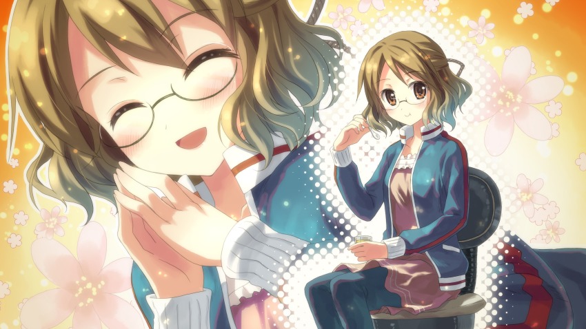 1girl :d :t ^_^ absurdres brown_eyes brown_hair closed_eyes dress closed_eyes glasses highres jacket karasuma_sakura kin-iro_mosaic multiple_views open_clothes open_jacket open_mouth pantyhose scan short_hair smile steepled_fingers track_jacket yuuki_tatsuya
