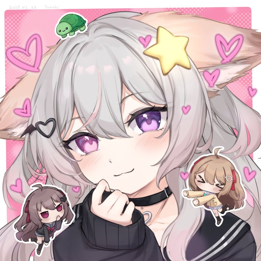 &gt;_&lt; 1boy 3girls absurdres ahoge animal_ears annytf aqua_bow aqua_bowtie asymmetrical_legwear bandaid bandaid_on_knee bandaid_on_leg black_cardigan black_collar black_sailor_collar black_skirt black_socks black_thighhighs blue_sailor_collar blue_skirt bow bowtie broken_heart broken_heart_hair_ornament brown_hair cardigan chibi closed_mouth collar collarbone commentary english_commentary evil_neuro-sama fox_ears fox_girl hair_between_eyes hair_ornament hair_ribbon heart heart_hair_ornament heterochromia highres indie_virtual_youtuber jitome loafers long_hair multicolored_hair multiple_girls neuro-sama pink_eyes pink_hair pleated_skirt portrait purple_eyes red_bow red_bowtie red_eyes red_ribbon ribbon sailor_collar shoes simple_background skirt smile socks star_(symbol) star_hair_ornament streaked_hair tanoki233 thighhighs turtle uneven_legwear vedal987 virtual_youtuber white_hair yellow_cardigan