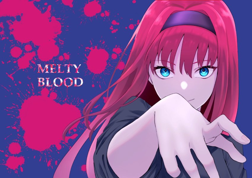 1girl alternate_color black_hairband black_shirt blood blood_splatter blouse blue_background blue_eyes closed_mouth copyright_name hairband highres kuro_chibe long_hair looking_at_viewer melty_blood outstretched_arm player_2 red_hair sanpaku shirt sleeves_pushed_up smile solo tohno_akiha toono_akiha tsukihime tsurime upper_body vermillion_akiha