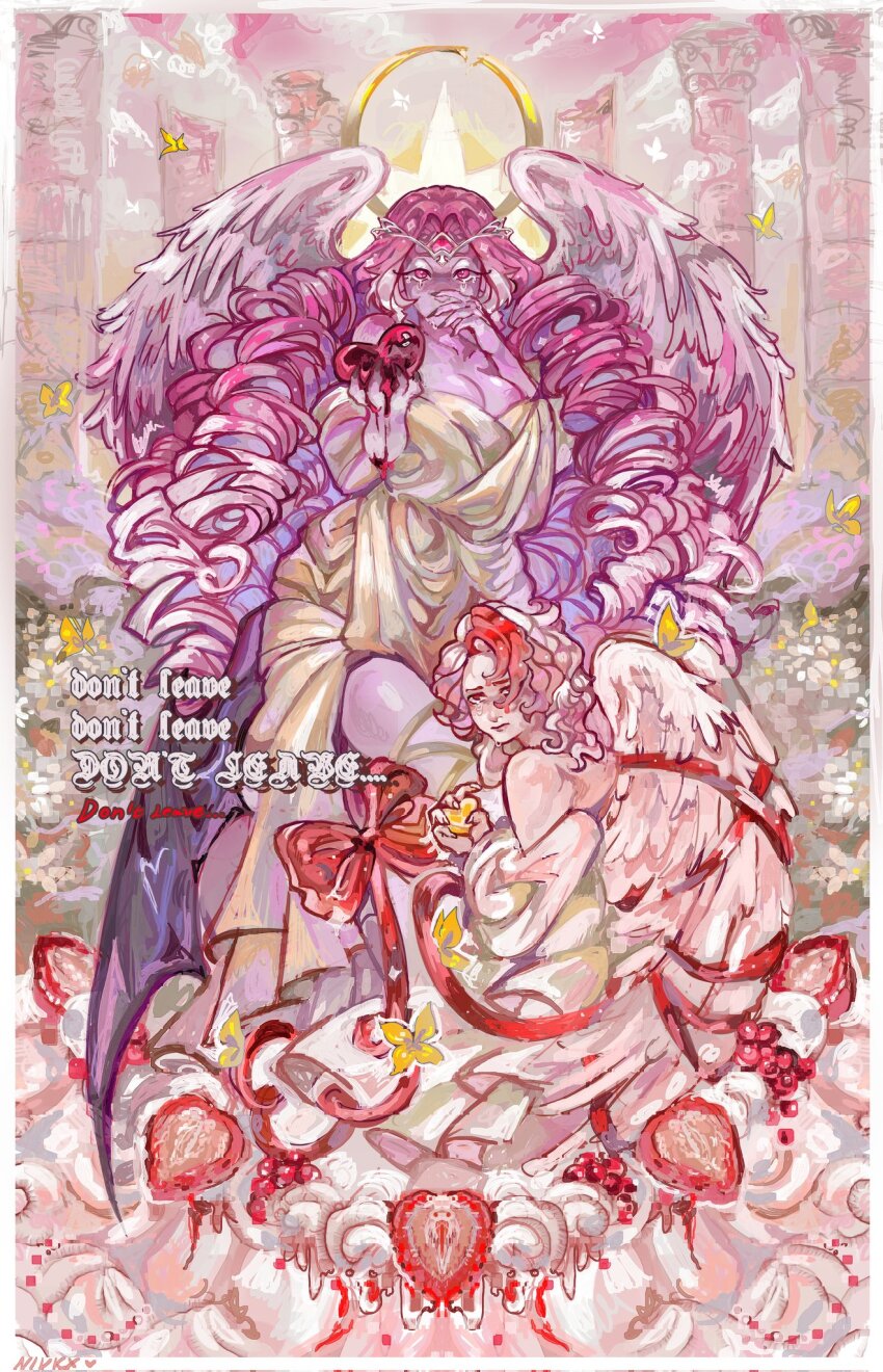 1boy 1girl angel_wings breasts colored_skin cookie_run cookie_run:_kingdom demon_girl demon_wings dress eternal_sugar_cookie food fruit highres long_hair multicolored_hair nivkx61462 pavlova_cookie pink_hair pink_skin red_hair sitting strawberry two-tone_hair very_long_hair white_dress wings