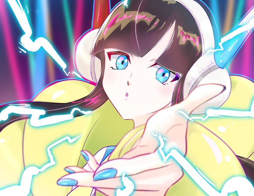 1girl :o artist_name black_hair blue_eyes blue_nails commentary_request electricity elesa_(pokemon) headphones jacket nintendo open_mouth pokemon pokemon_bw2 pokepokekonpeki reaching reaching_towards_viewer solo twitter_username upper_body yellow_jacket